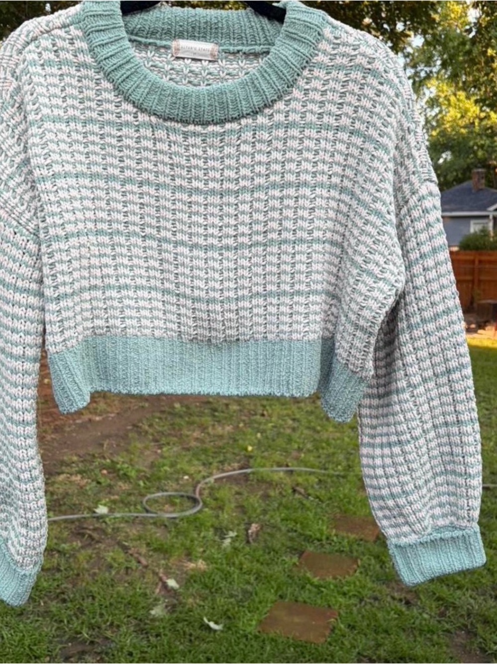 Altar’d State Light Green/Blue and White Cropped Knit Sweater